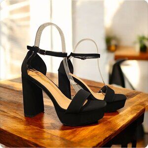 Black High-Block Heel Sandals With Ankle Strap Womens  Nubuck Material Platform